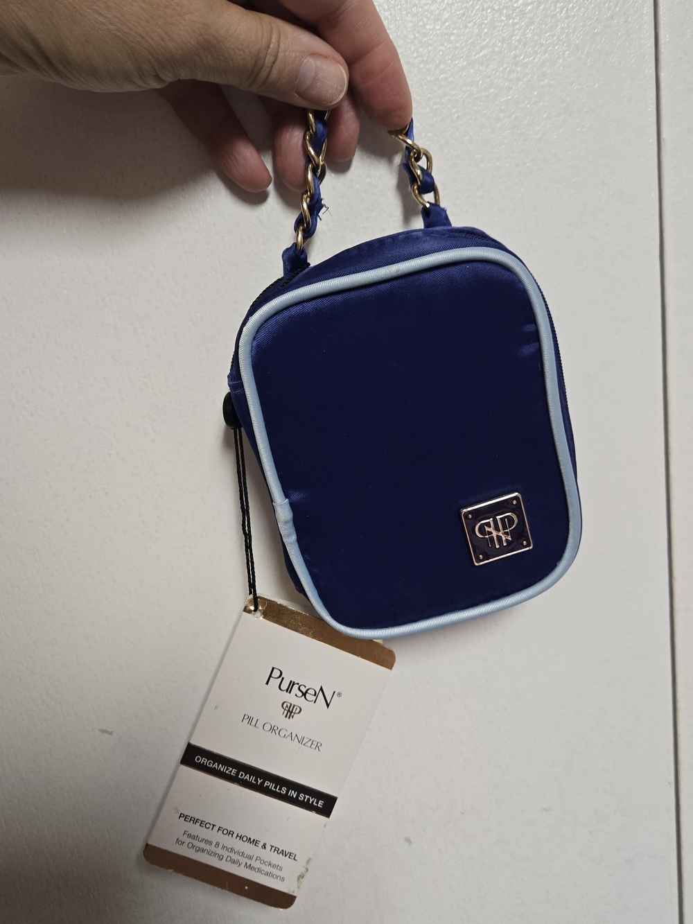 PurseN Pill Organizer Blue Satin 8 Day Travel Case NWT